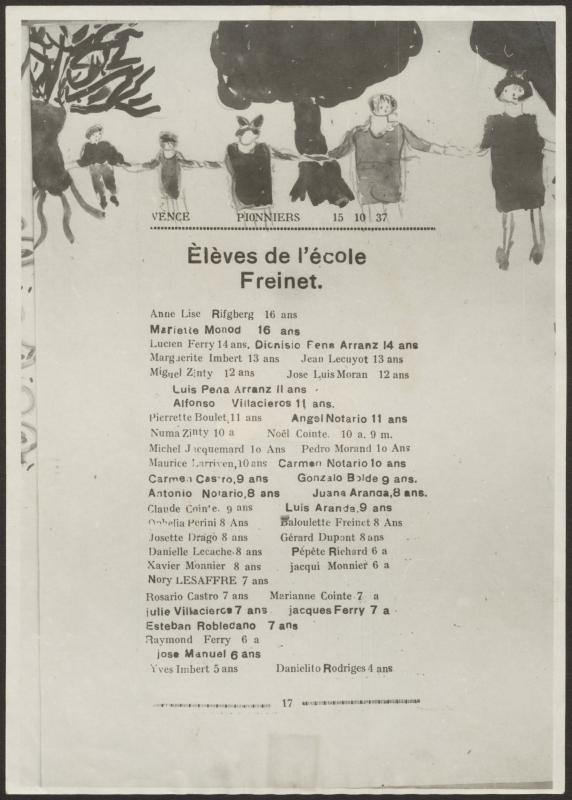 Vicenta et des enfants (photo 1937) et liste des enfants à l'école Freinet